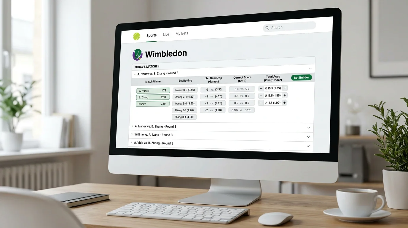 Betting platform interface showing comprehensive Wimbledon tennis market list including set betting and Bet Builder