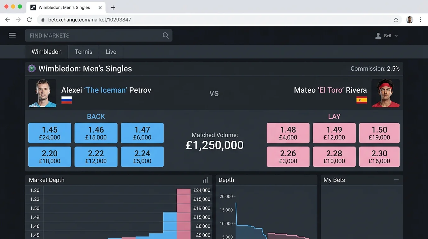 Betfair exchange interface showing back and lay prices for Wimbledon match with exchange commission displayed