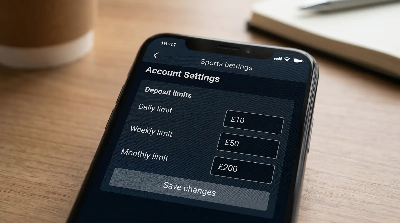 Betting account settings screen showing deposit limit controls with weekly and monthly limit options
