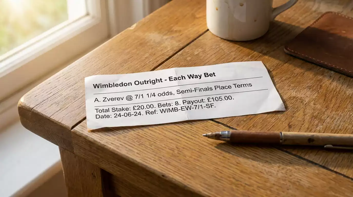 Each-way Wimbledon bet slip showing place terms and fractional odds for an outright selection