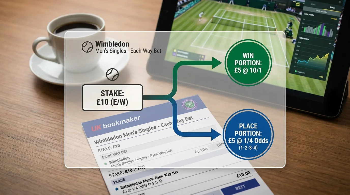 Diagram showing how each-way bets split win and place portions at Wimbledon