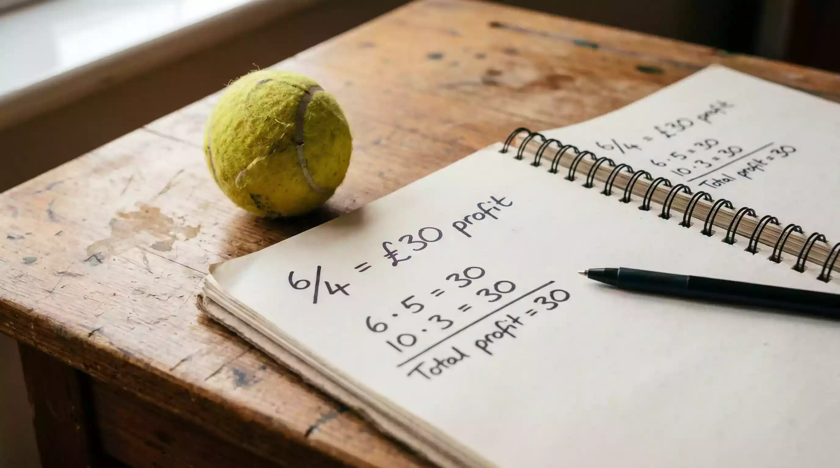 Handwritten notebook showing fractional odds calculation 6/4 with profit working out beside a tennis ball