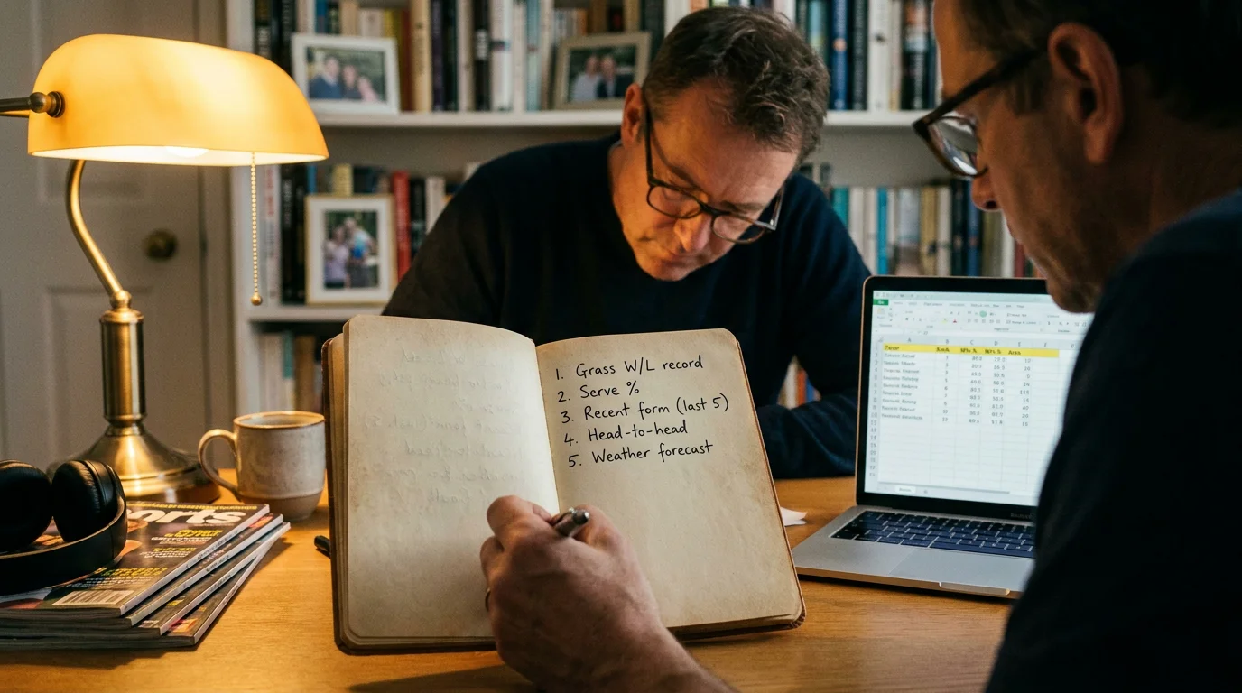 Sports analyst writing a pre-tournament betting checklist in a notebook next to a laptop showing tennis statistics