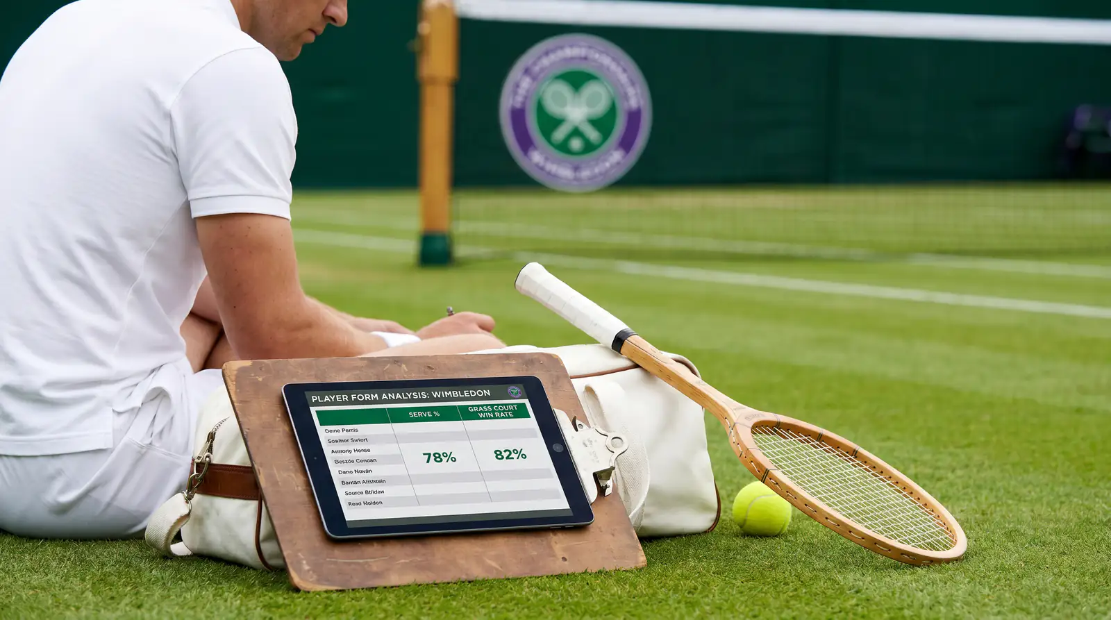 Tennis player statistics table showing serve percentage and grass-court win rate