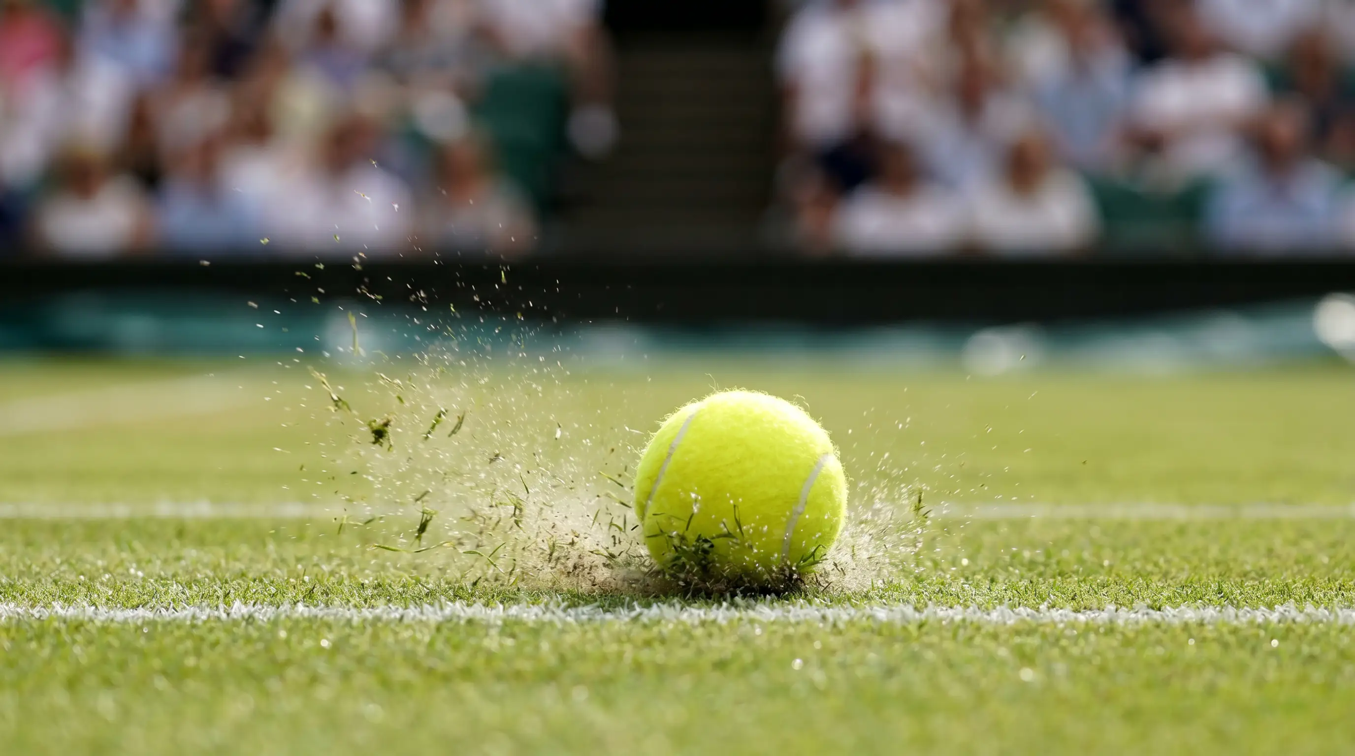 Tennis ball skidding low off Wimbledon grass court surface during professional match rally