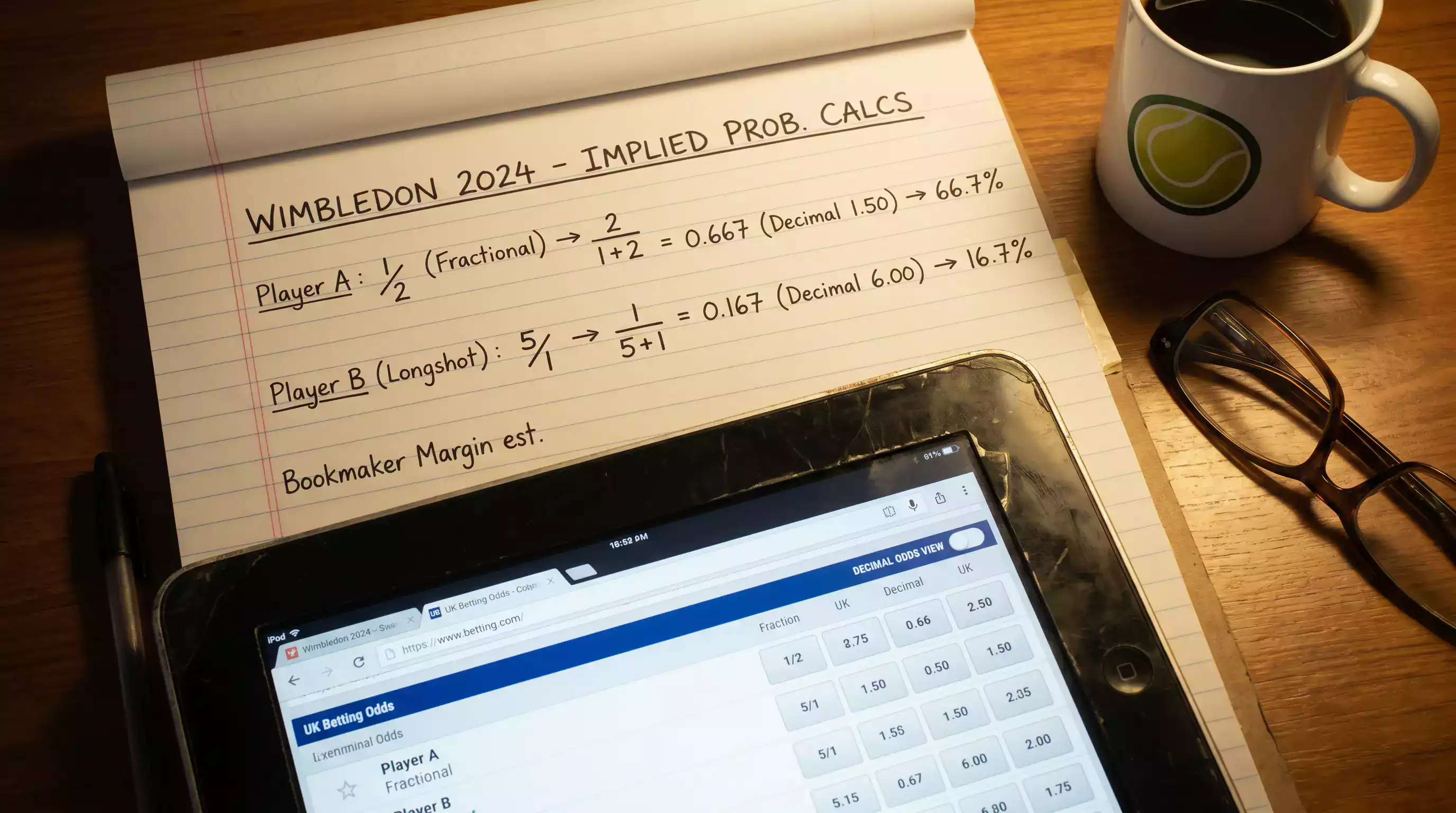 Notepad with implied probability calculation from Wimbledon fractional odds