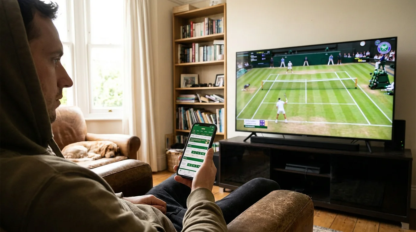 Punter watching Wimbledon live on television with betting app open on mobile ready to place an in-play bet