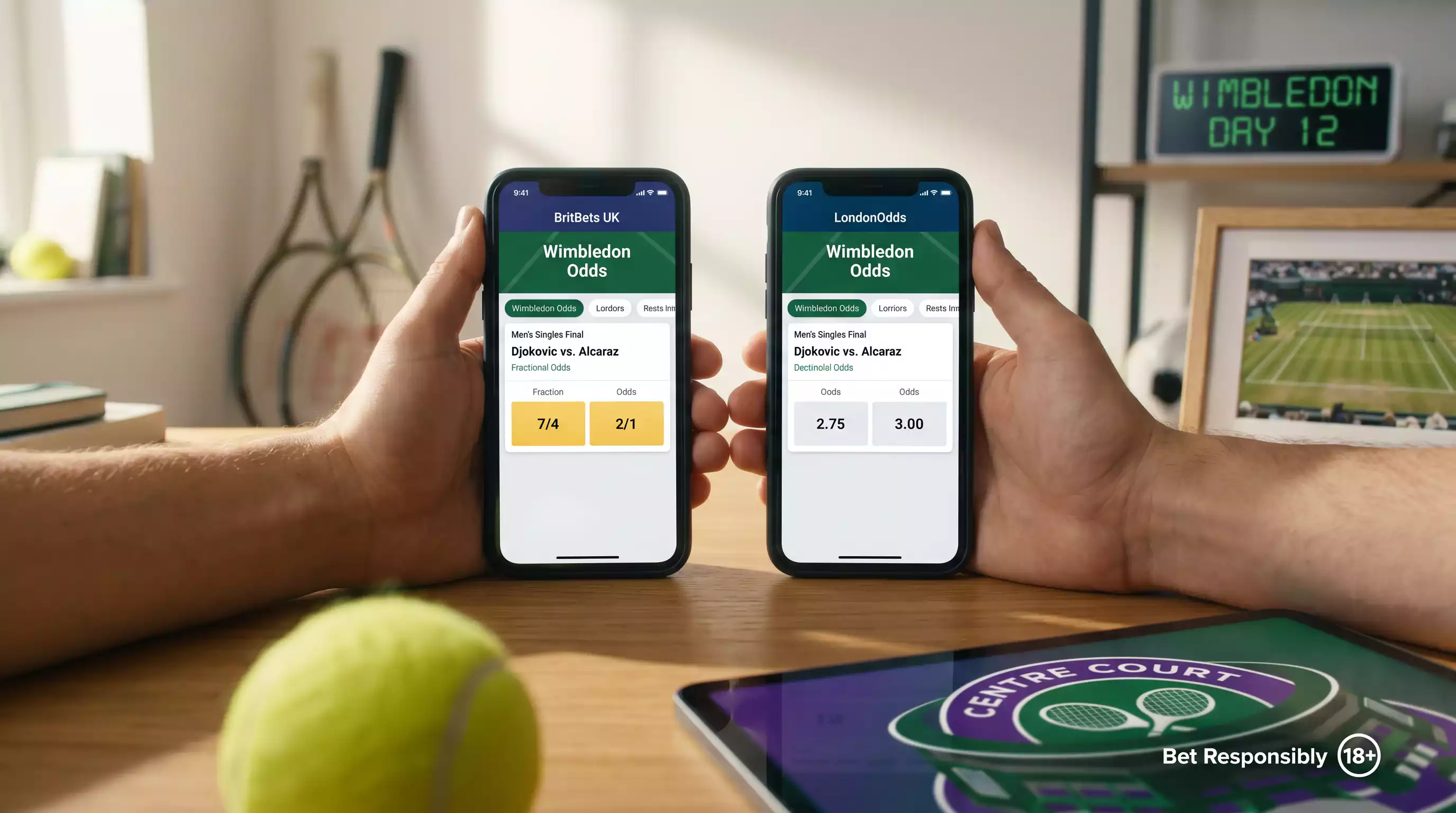 Two mobile screens showing Wimbledon odds comparison between UK bookmaker platforms
