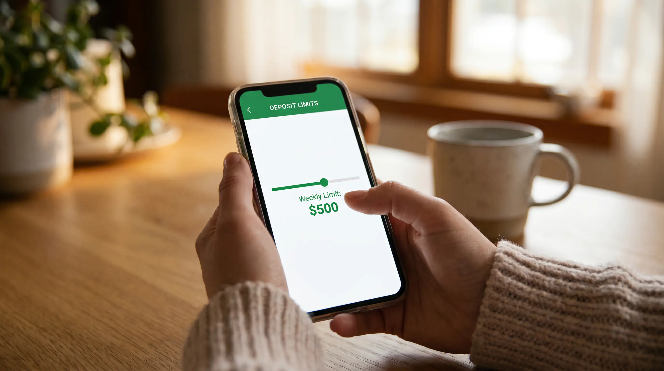 Person on a phone setting weekly deposit limits in a sports betting app before Wimbledon fortnight