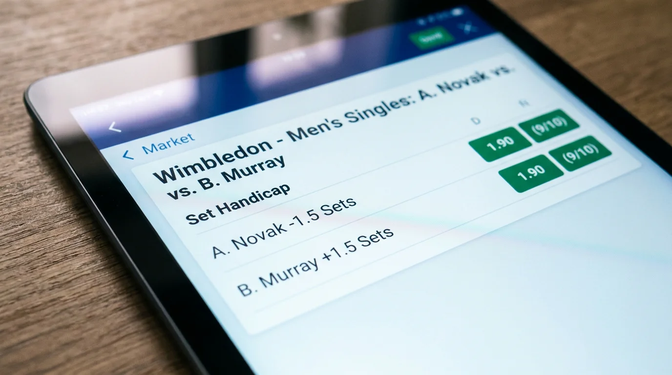 Tennis set handicap market showing minus and plus handicap lines for a Wimbledon match