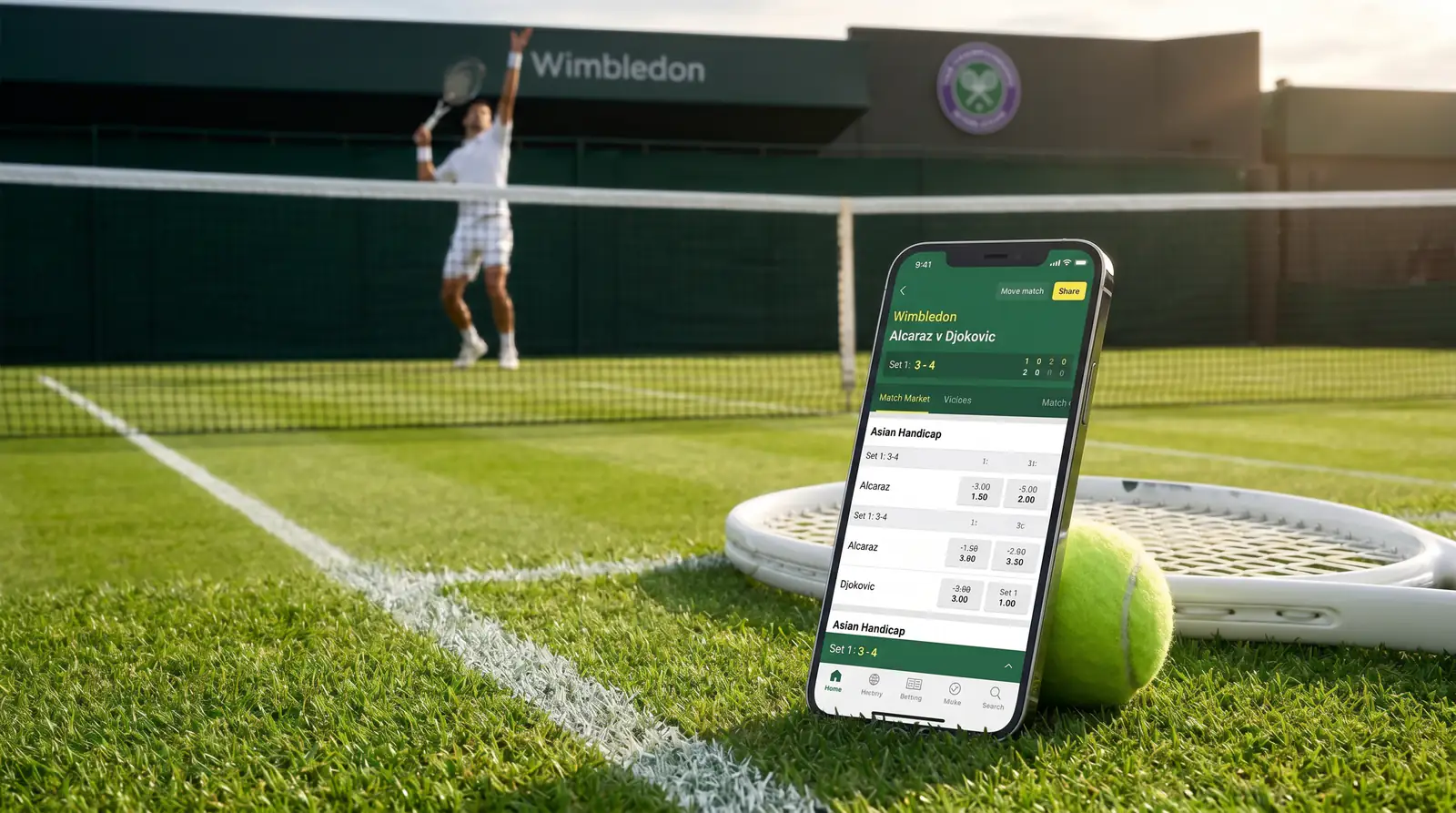 UK bookmaker mobile screen showing Asian handicap tennis market for Wimbledon