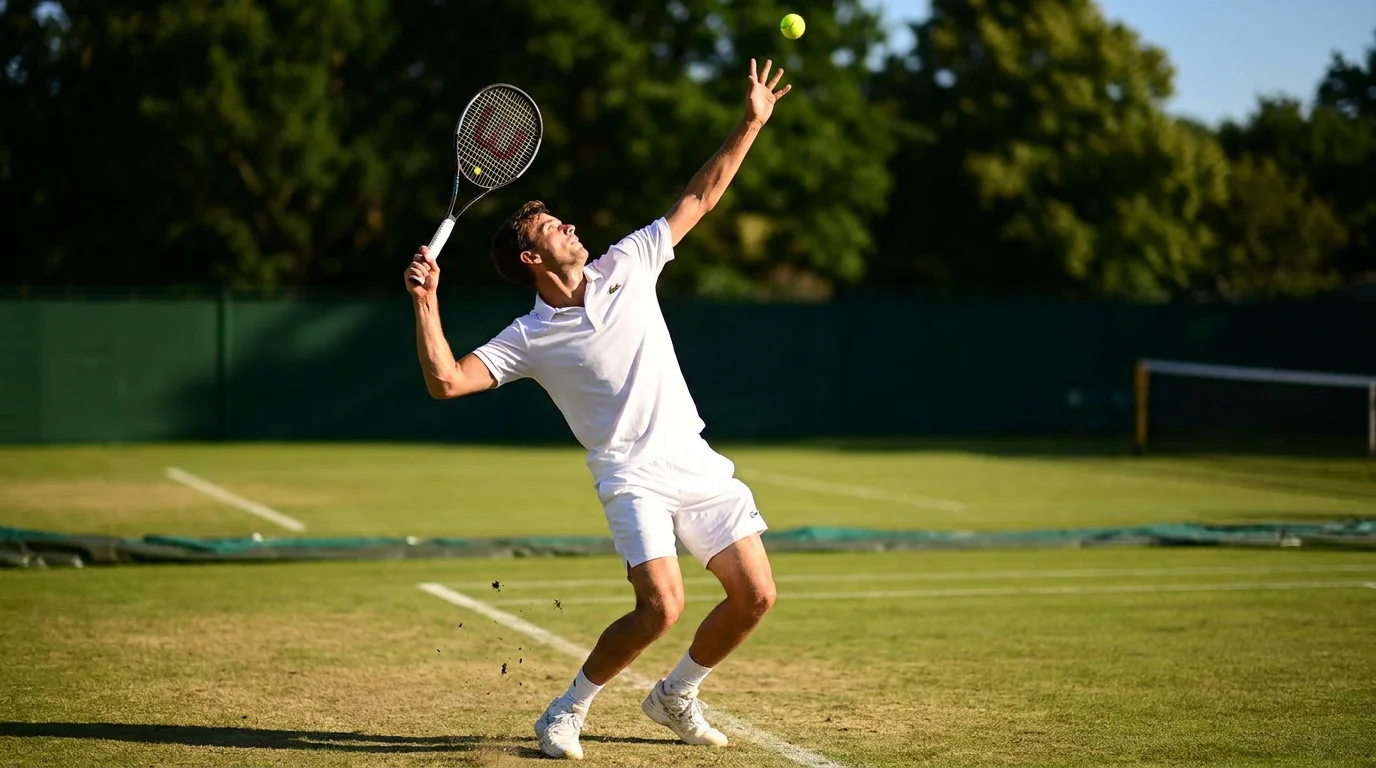 Tennis player serving on grass court, captured at ball toss moment with green turf backdrop