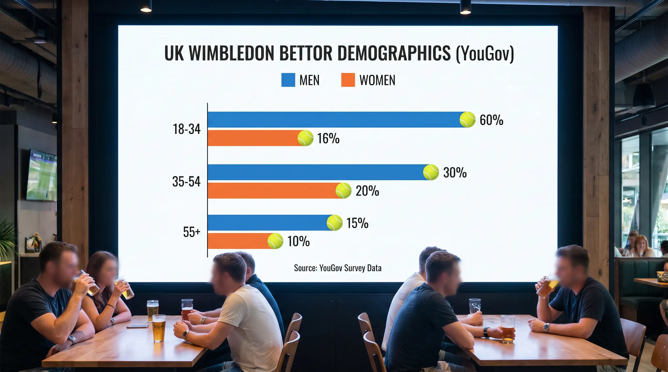 Bar chart showing UK Wimbledon bettor demographic breakdown by gender and age group