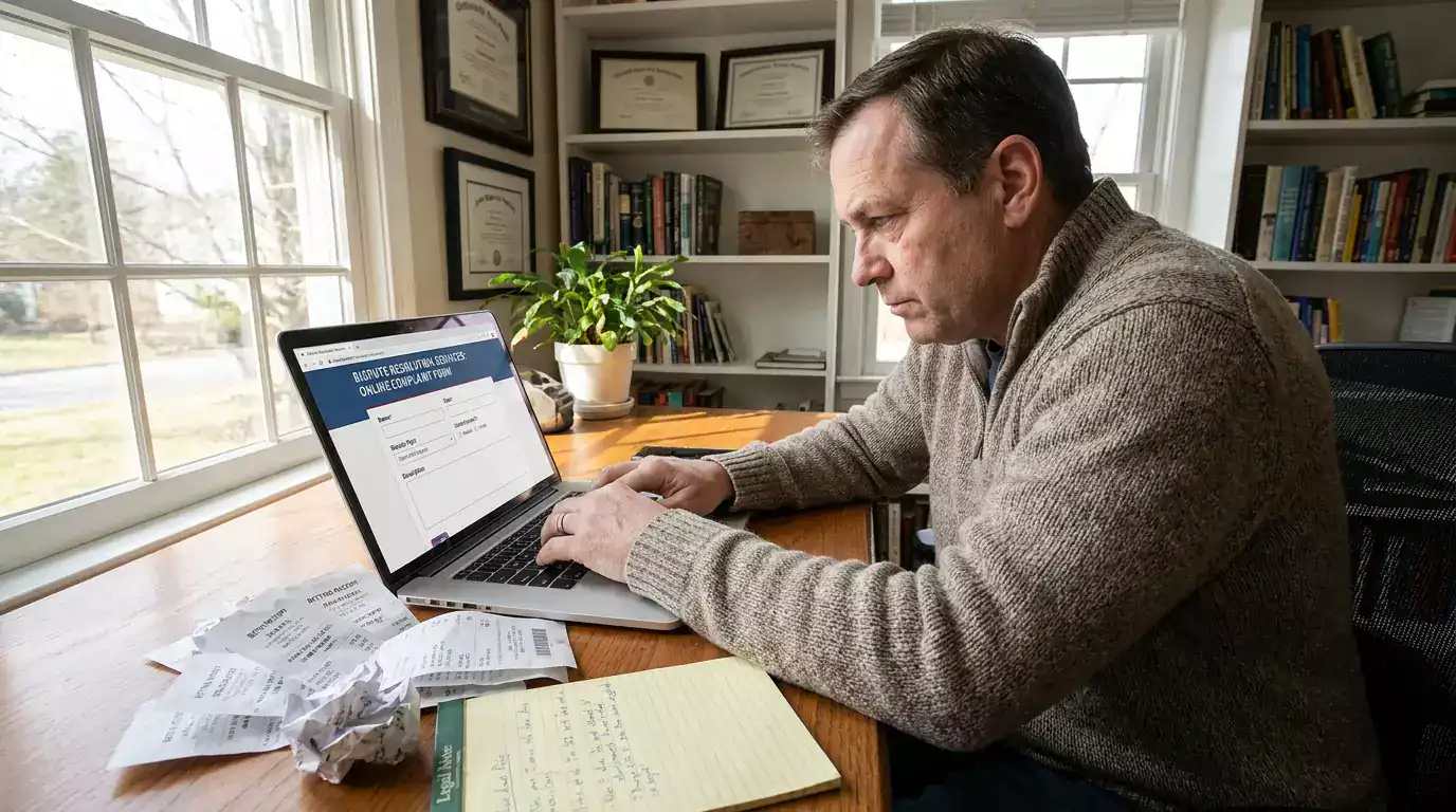 Person filling in a formal complaint form on a laptop regarding a betting dispute with a UK bookmaker