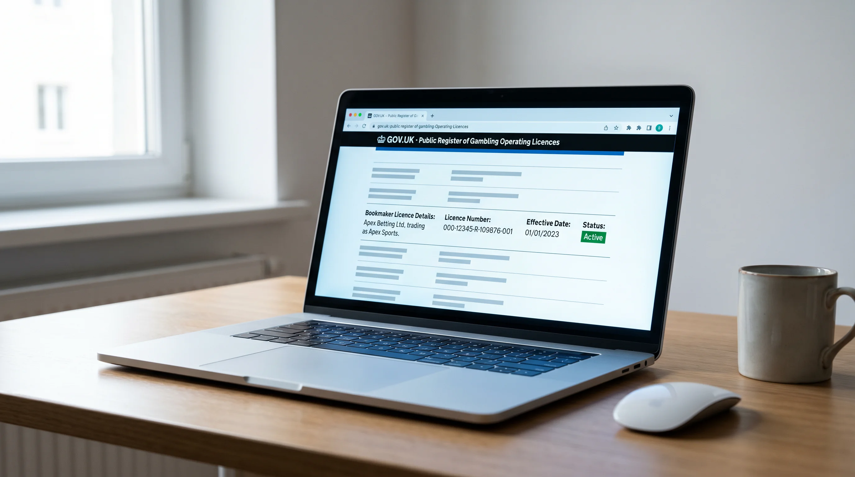 Laptop screen showing the Gambling Commission public register used to verify bookmaker licences