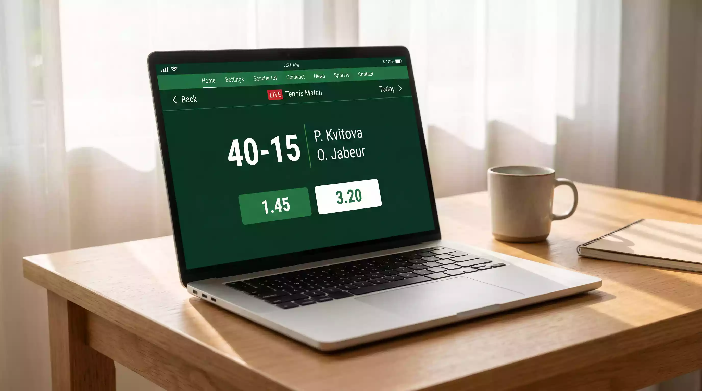 Tennis in-play betting interface on a laptop showing live Wimbledon match odds updating in real time