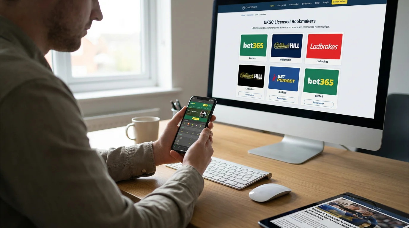UK Gambling Commission licensed bookmaker logos displayed on desktop screen