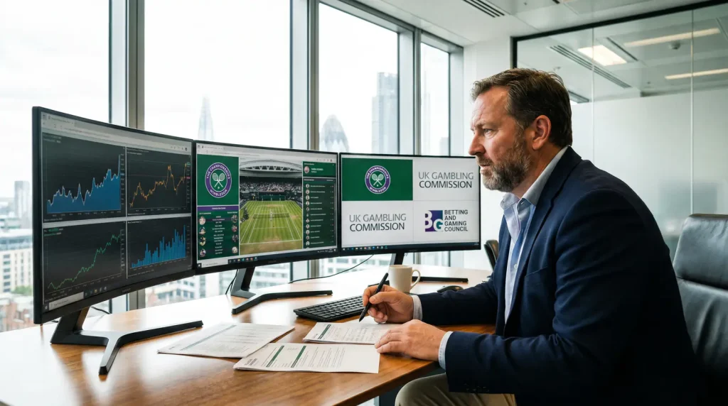 UKGC licensed bookmakers comparison for Wimbledon betting showing criteria including in-play markets, odds and cash-out