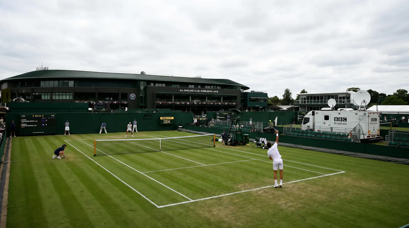 Wimbledon All England Club grounds showing sponsor branding around courts at SW19
