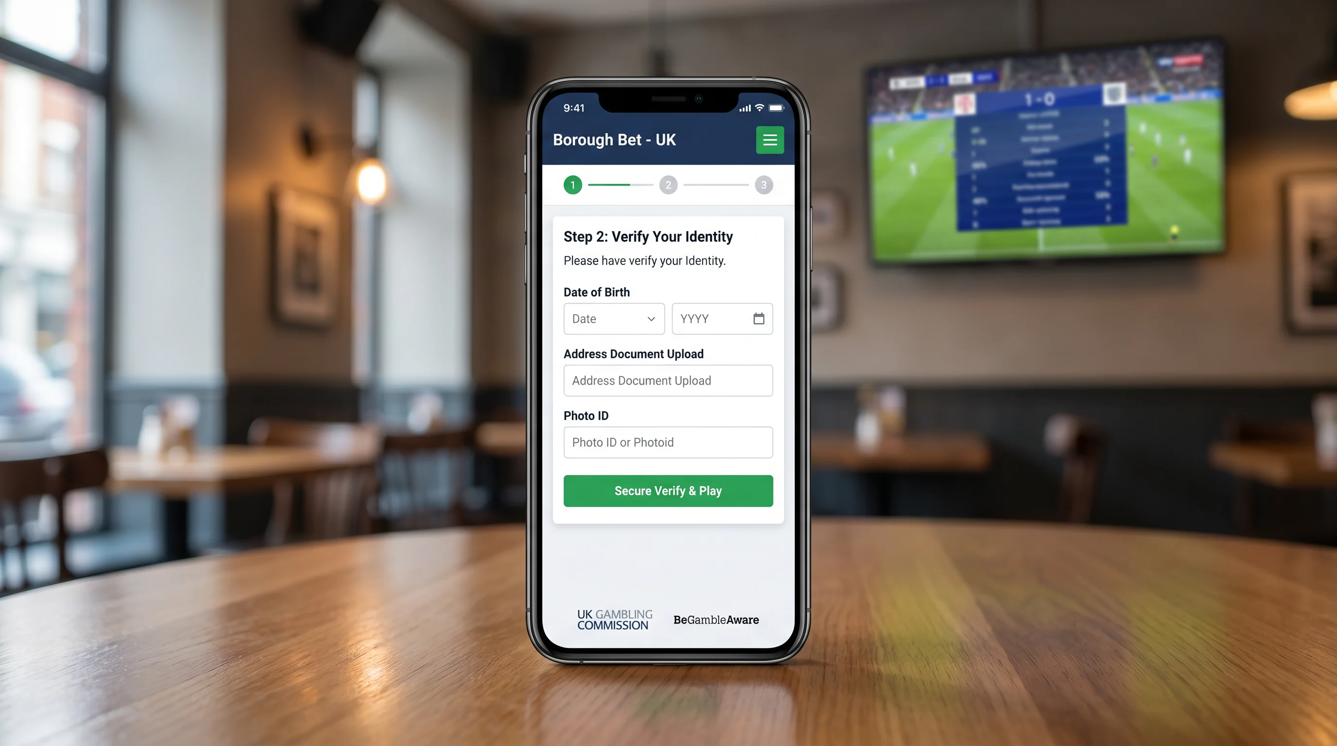 Mobile screen showing UK bookmaker account registration and identity verification form