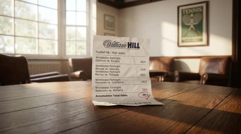 Wimbledon accumulator bet slip showing multiple match selections across the fortnight