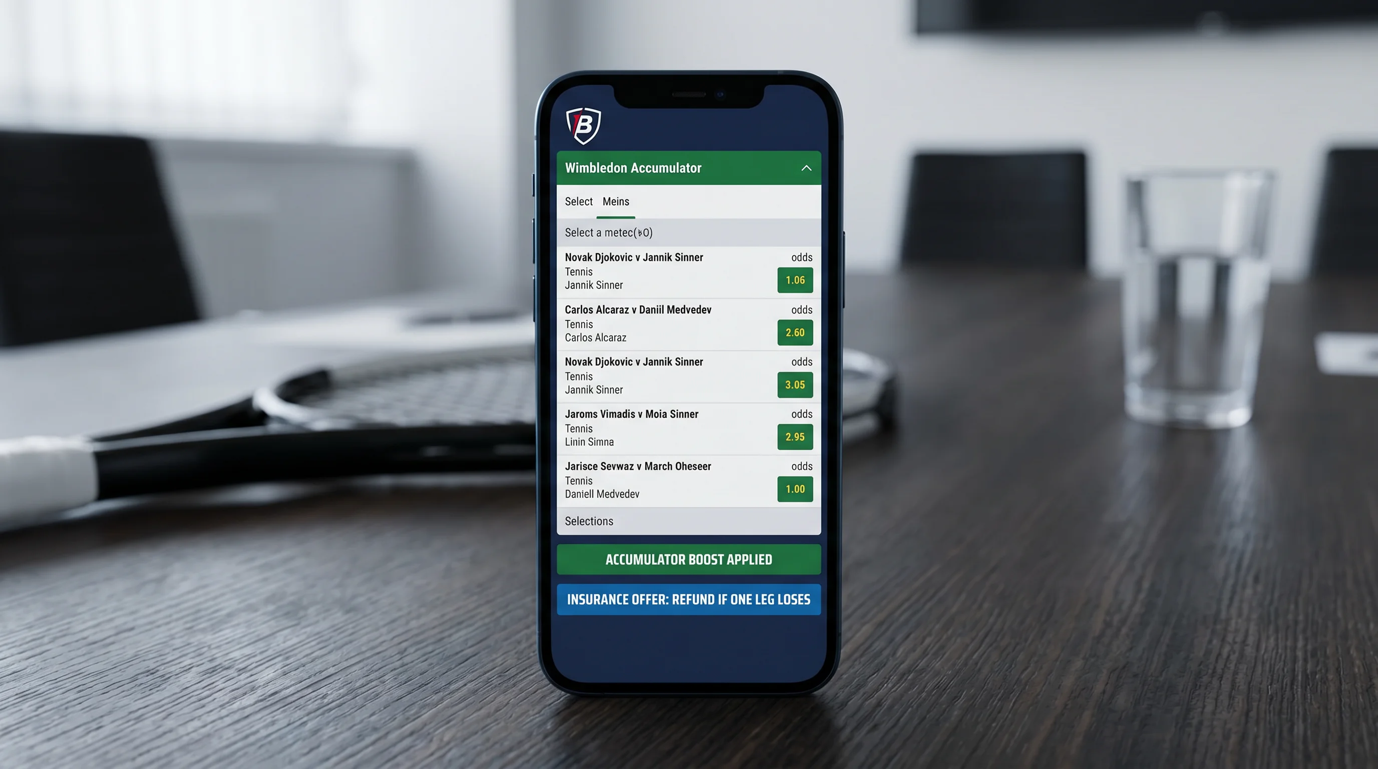 Mobile bookmaker screen showing Wimbledon accumulator boost and insurance offer