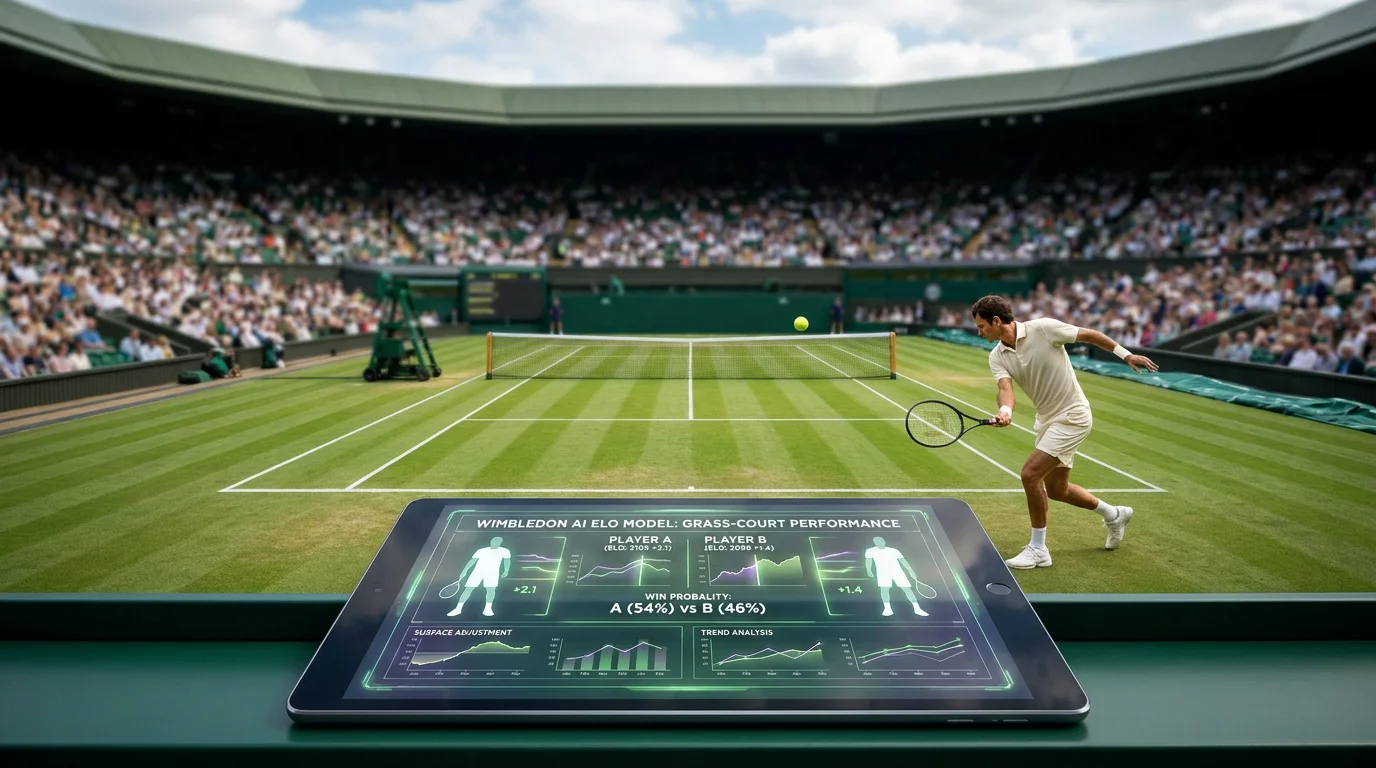 Statistical model output showing AI ELO ratings for Wimbledon grass-court performance
