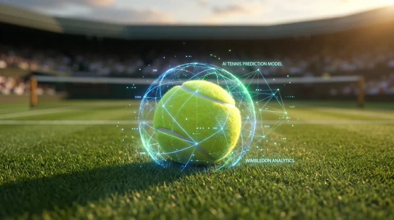 Data visualisation representing AI tennis prediction models applied to Wimbledon betting