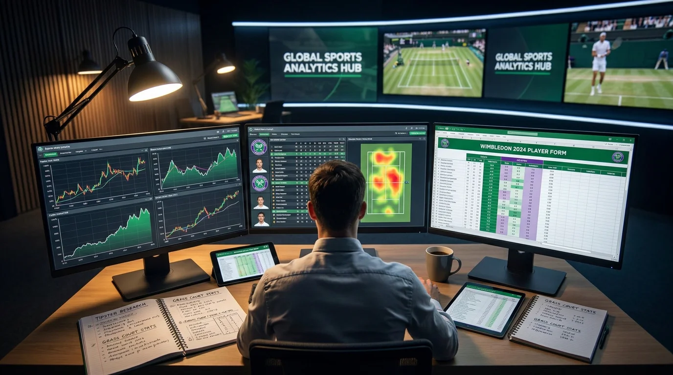 Sports analyst reviewing multiple statistical sources before Wimbledon betting