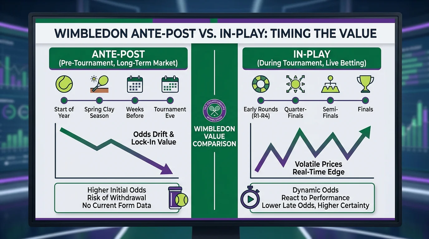 Side-by-side comparison chart of ante-post versus in-play value at different Wimbledon stages