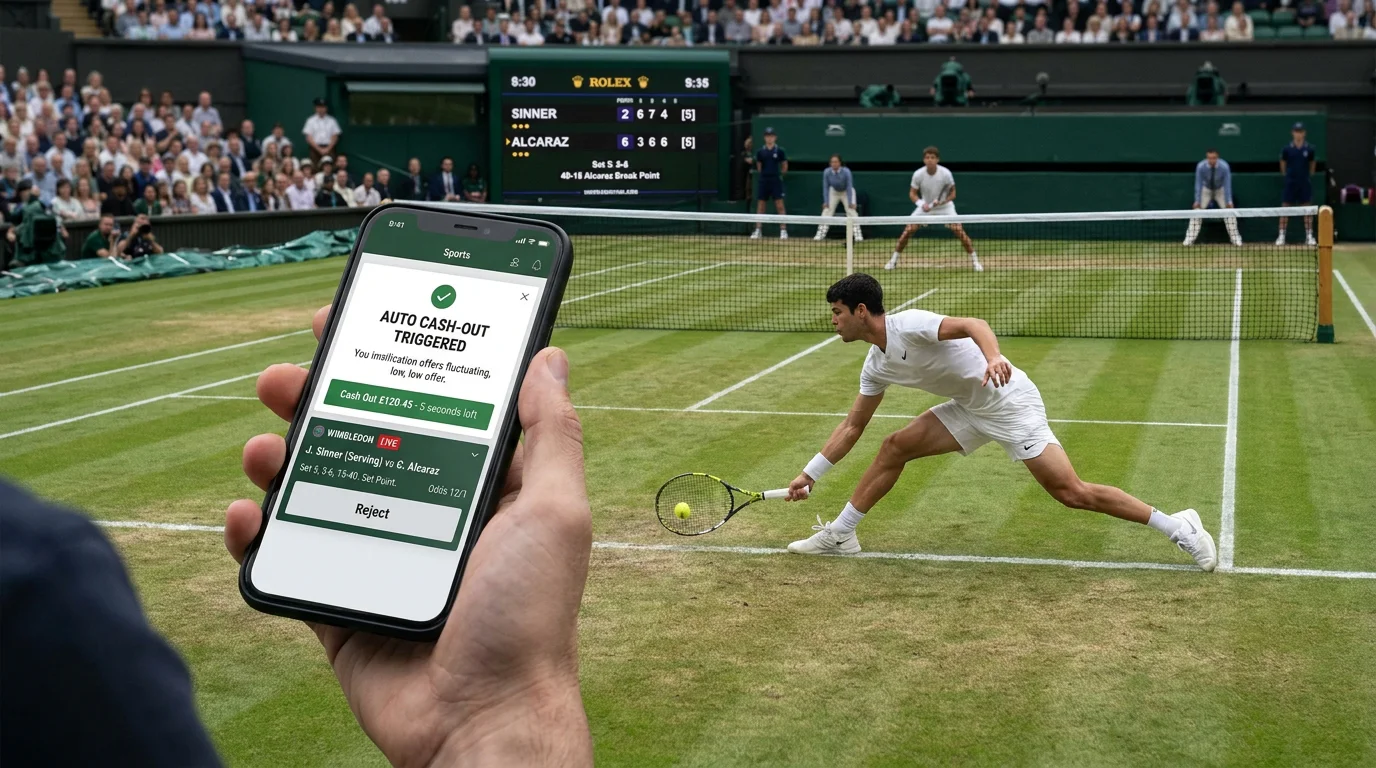 Mobile app showing auto cash-out trigger during Wimbledon match at unfavourable moment