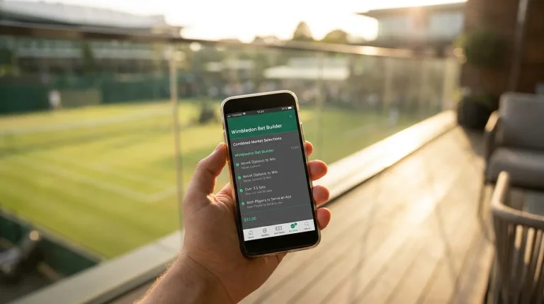 Wimbledon Bet Builder interface showing combined market selections on mobile app