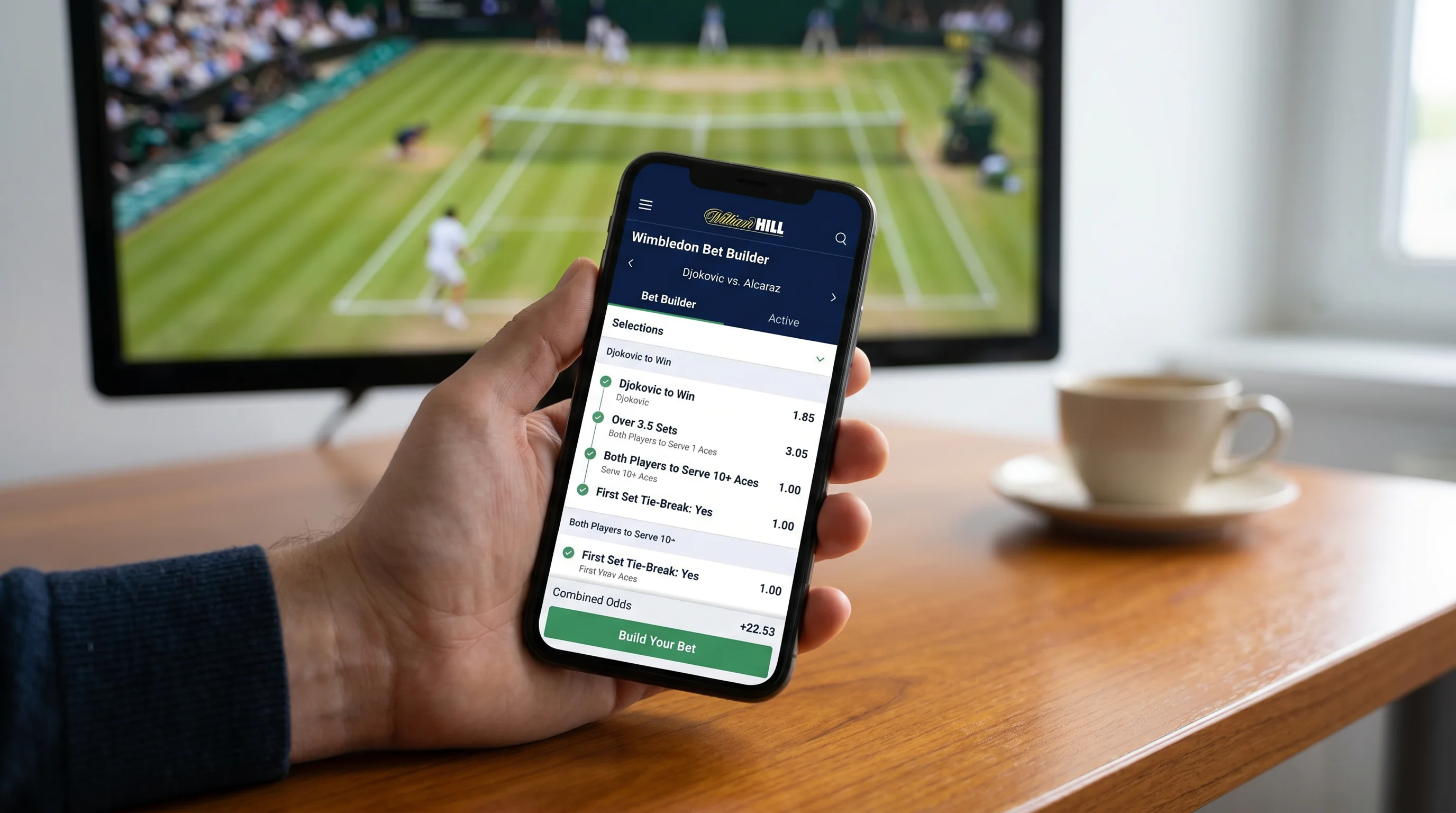 Mobile screen showing Wimbledon Bet Builder interface with market selection in progress