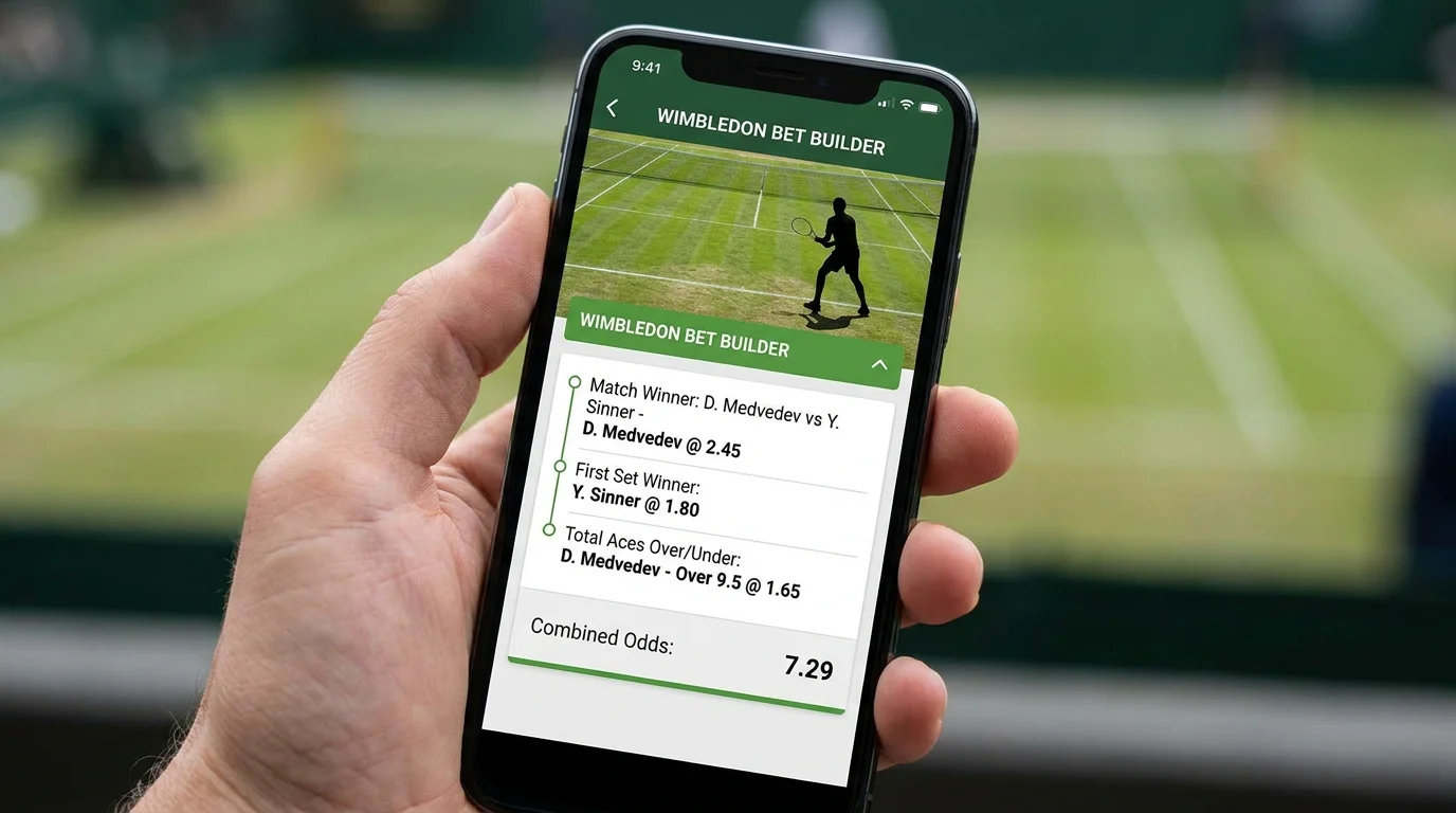 Mobile phone showing a Wimbledon Bet Builder selection with combined tennis markets on screen