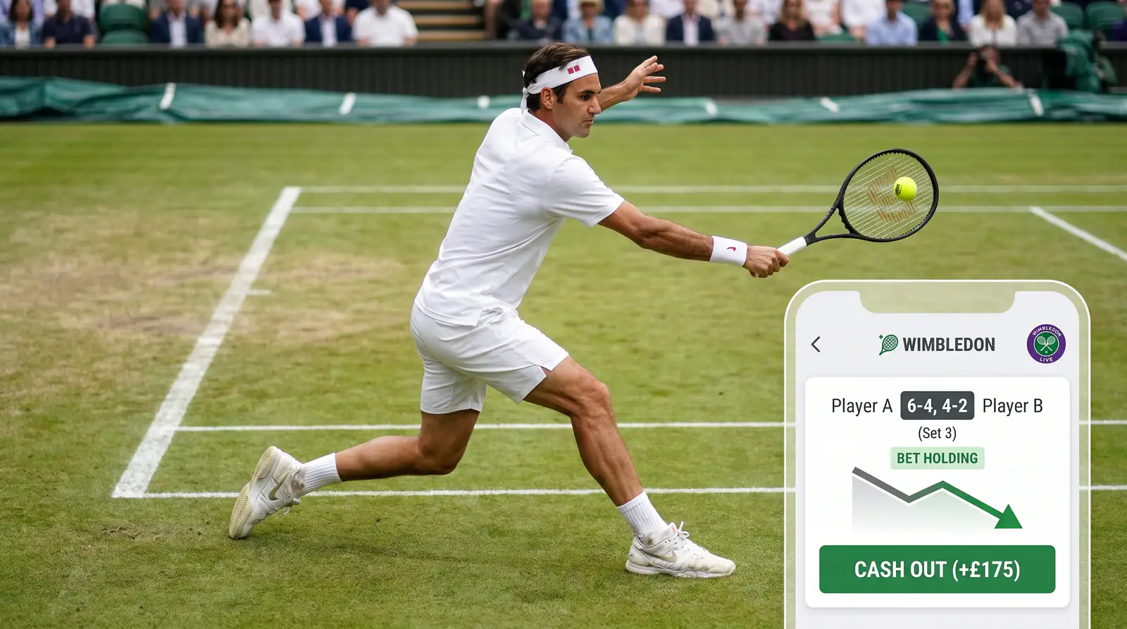 Tennis player extending lead in Wimbledon match showing momentum argument for holding bet