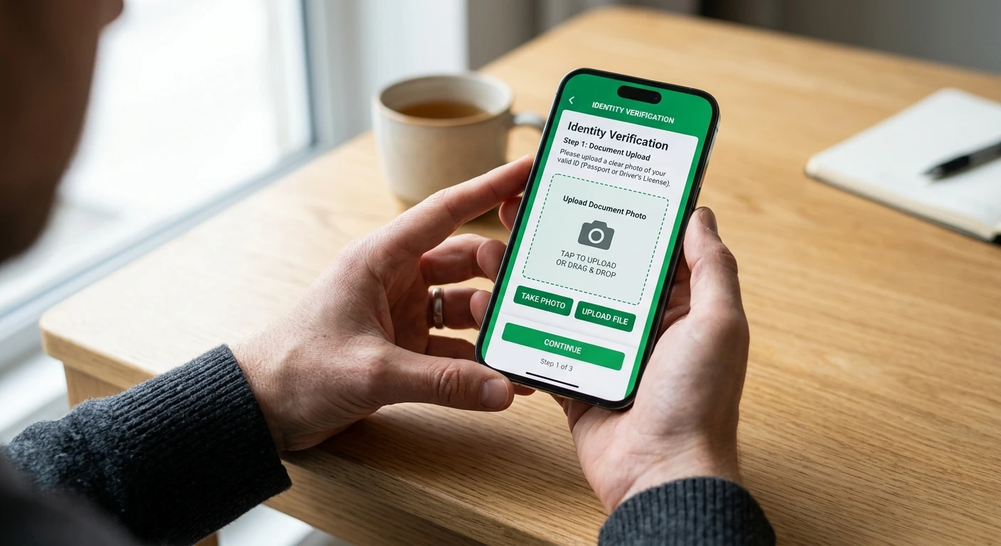 Person setting up a sports betting account on a smartphone, identity verification screen visible