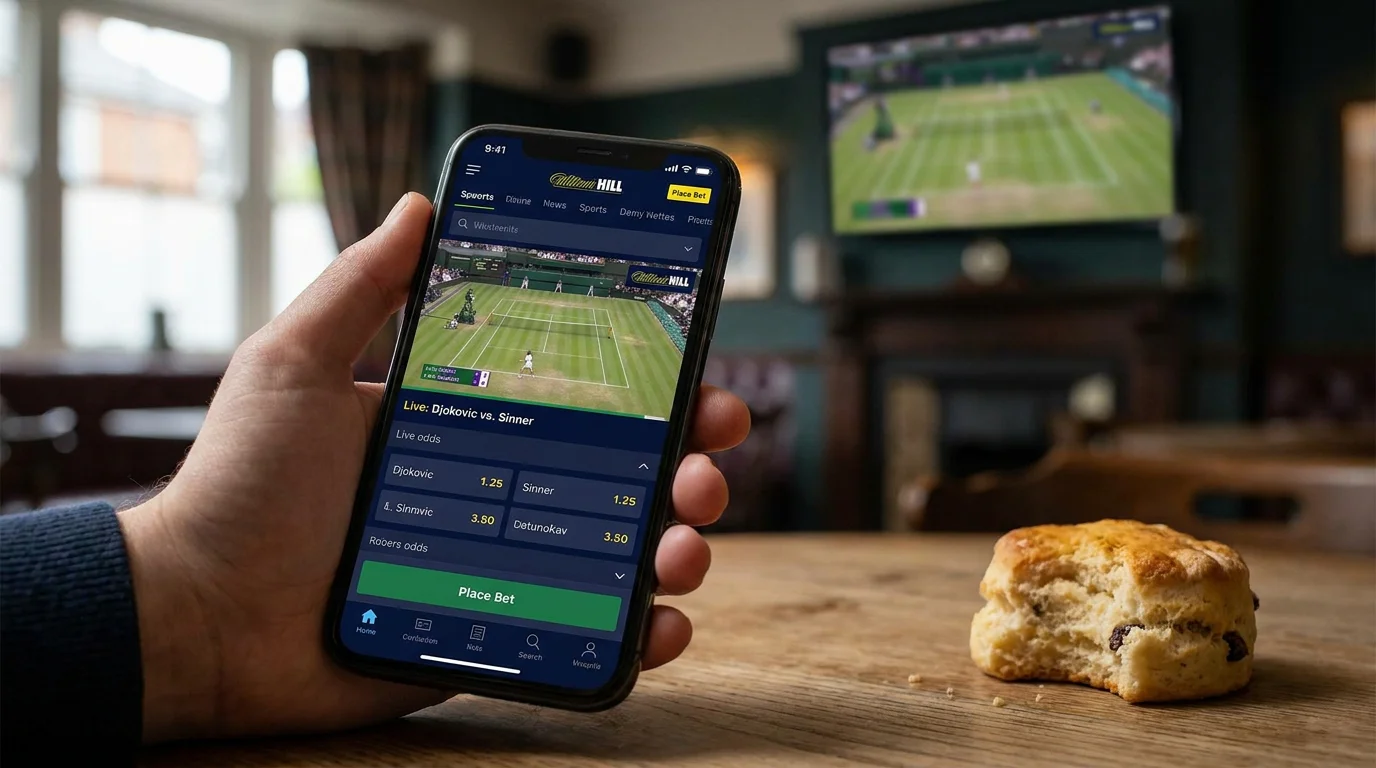 Mobile phone showing high-quality Wimbledon betting app with clean user interface