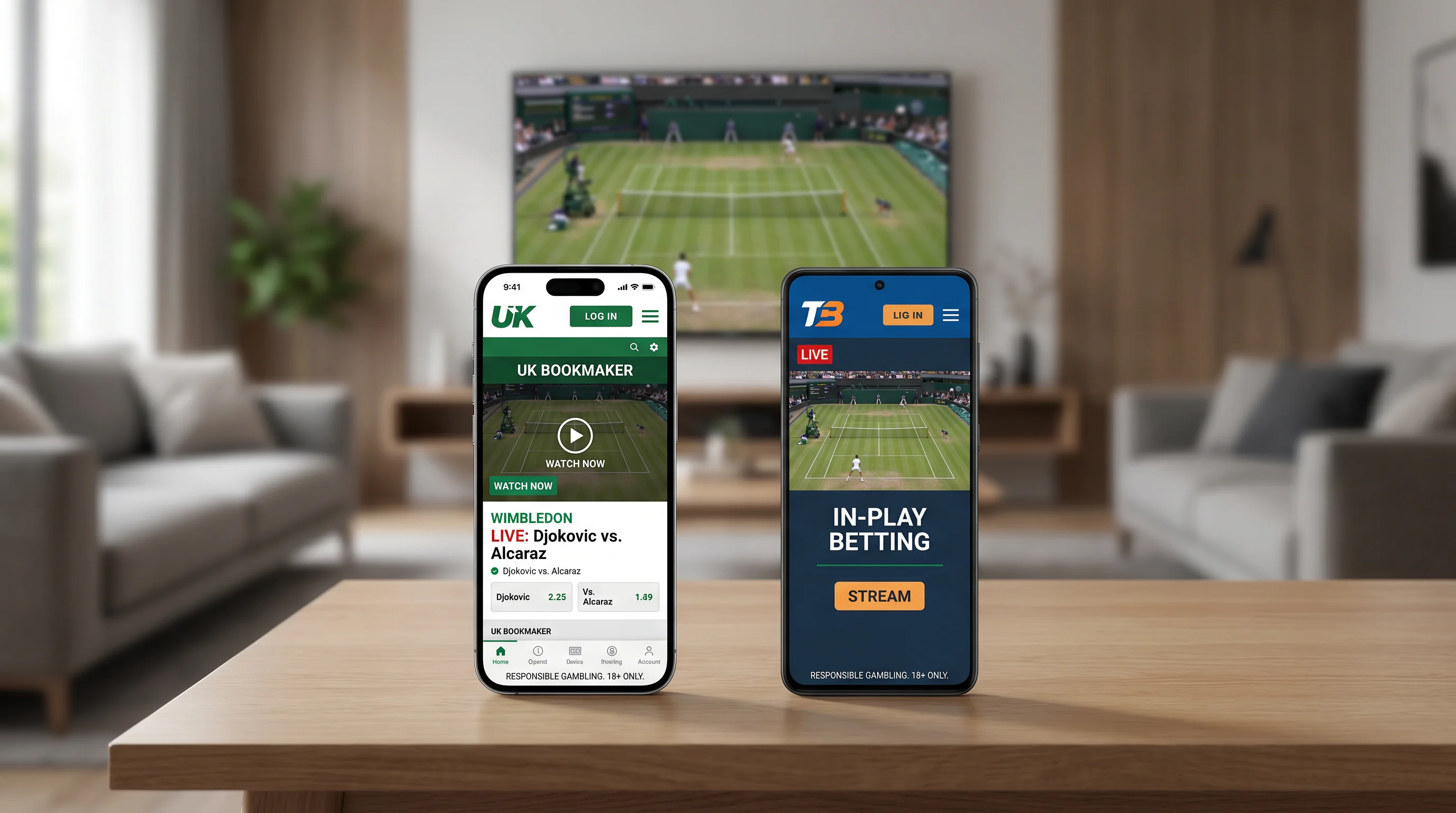 Side-by-side iPhone and Android phone showing Wimbledon betting apps for comparison