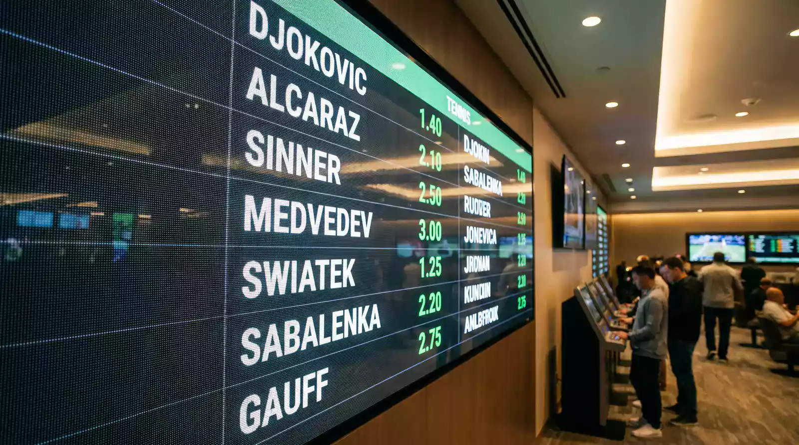 Bookmaker odds board showing Wimbledon Men's Singles outright prices for top seeds on a digital display