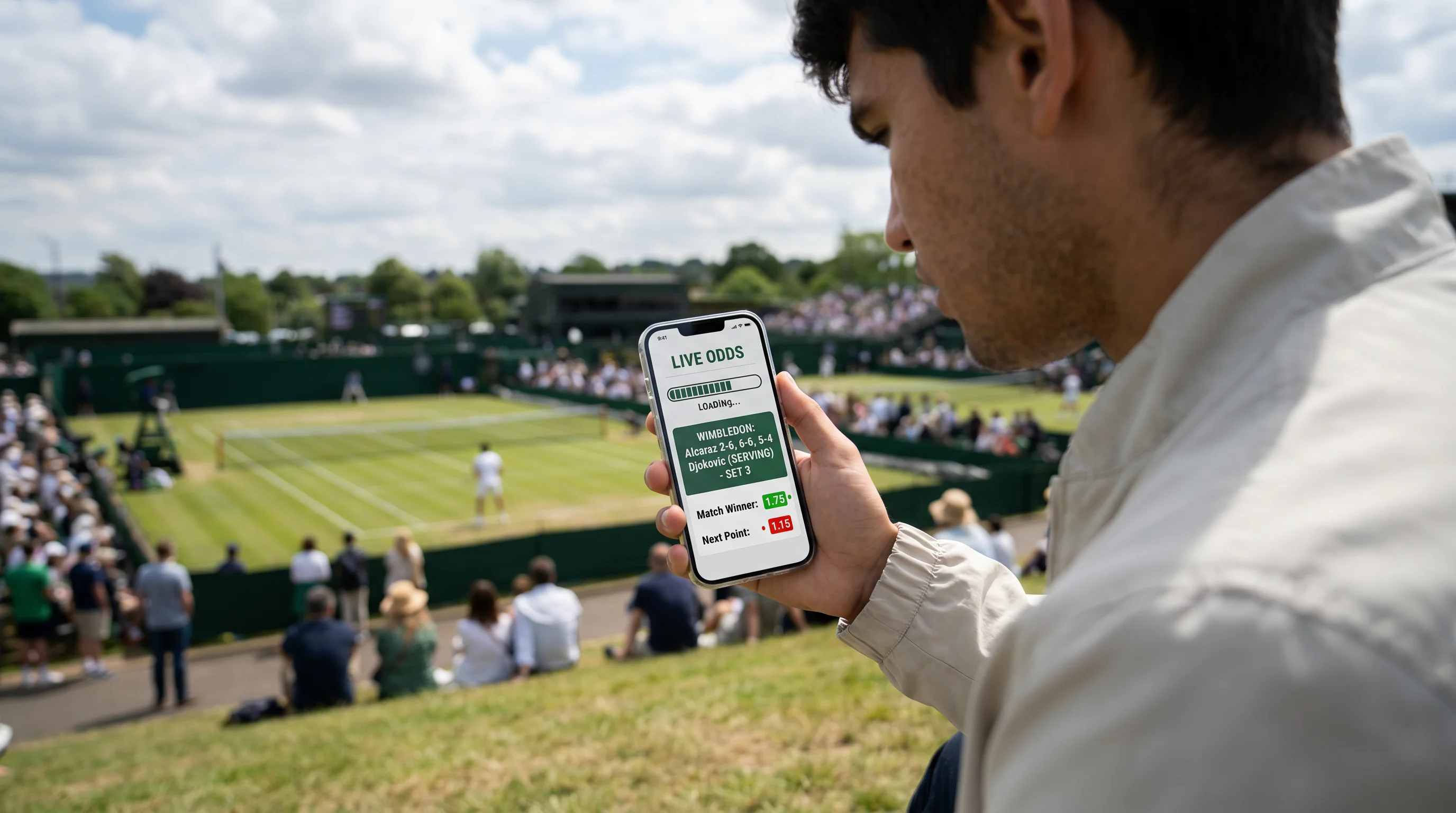 Person on mobile phone placing a live Wimbledon tennis bet with fast loading betting app on screen