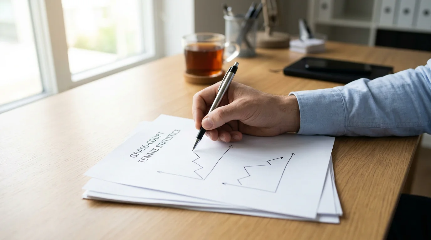 Analyst reviewing grass-court betting statistics on printed documents with pen annotations at a desk