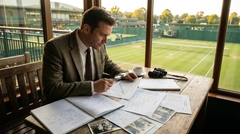 Sports analyst reviewing Wimbledon player form statistics and grass-court data