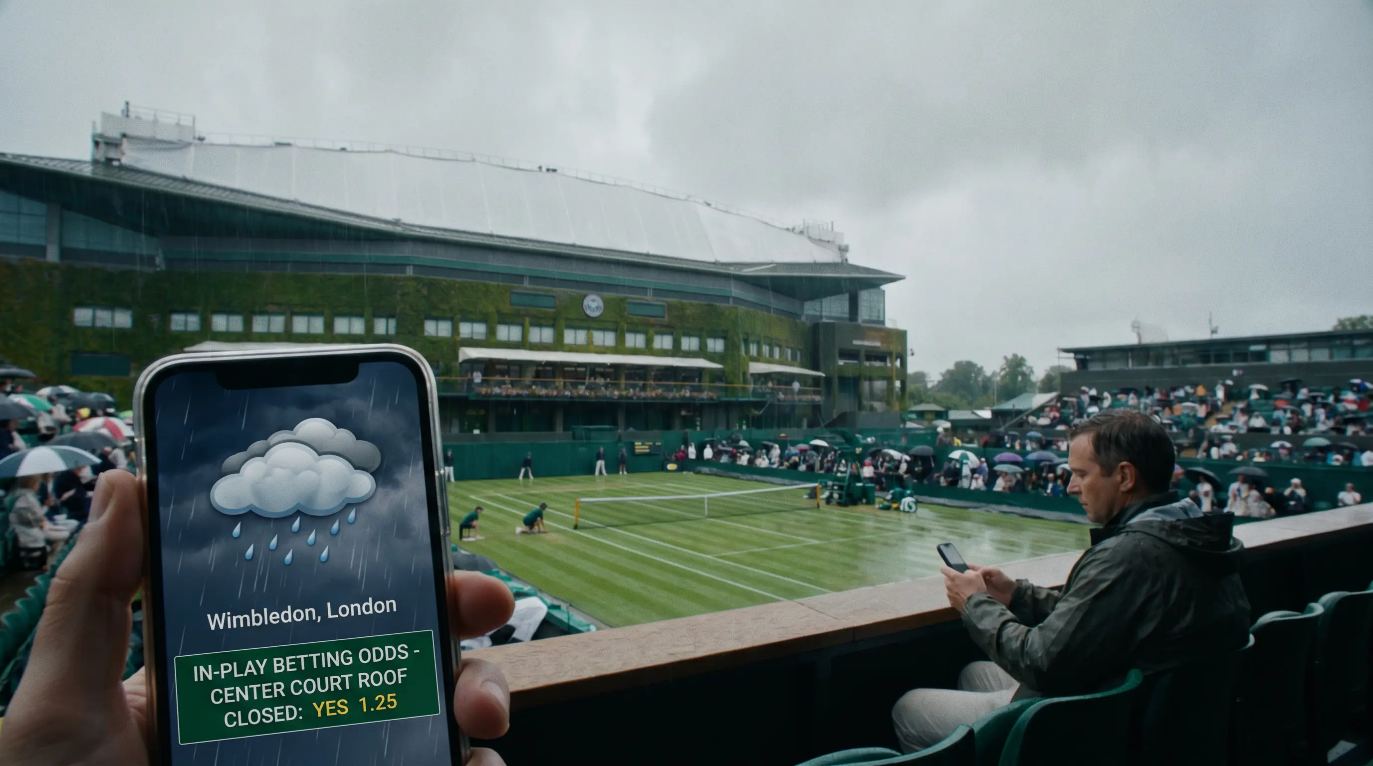 Punter checking Wimbledon weather forecast on mobile before placing in-play bet