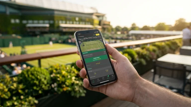 Mobile betting app showing cash-out option during live Wimbledon match with updated odds