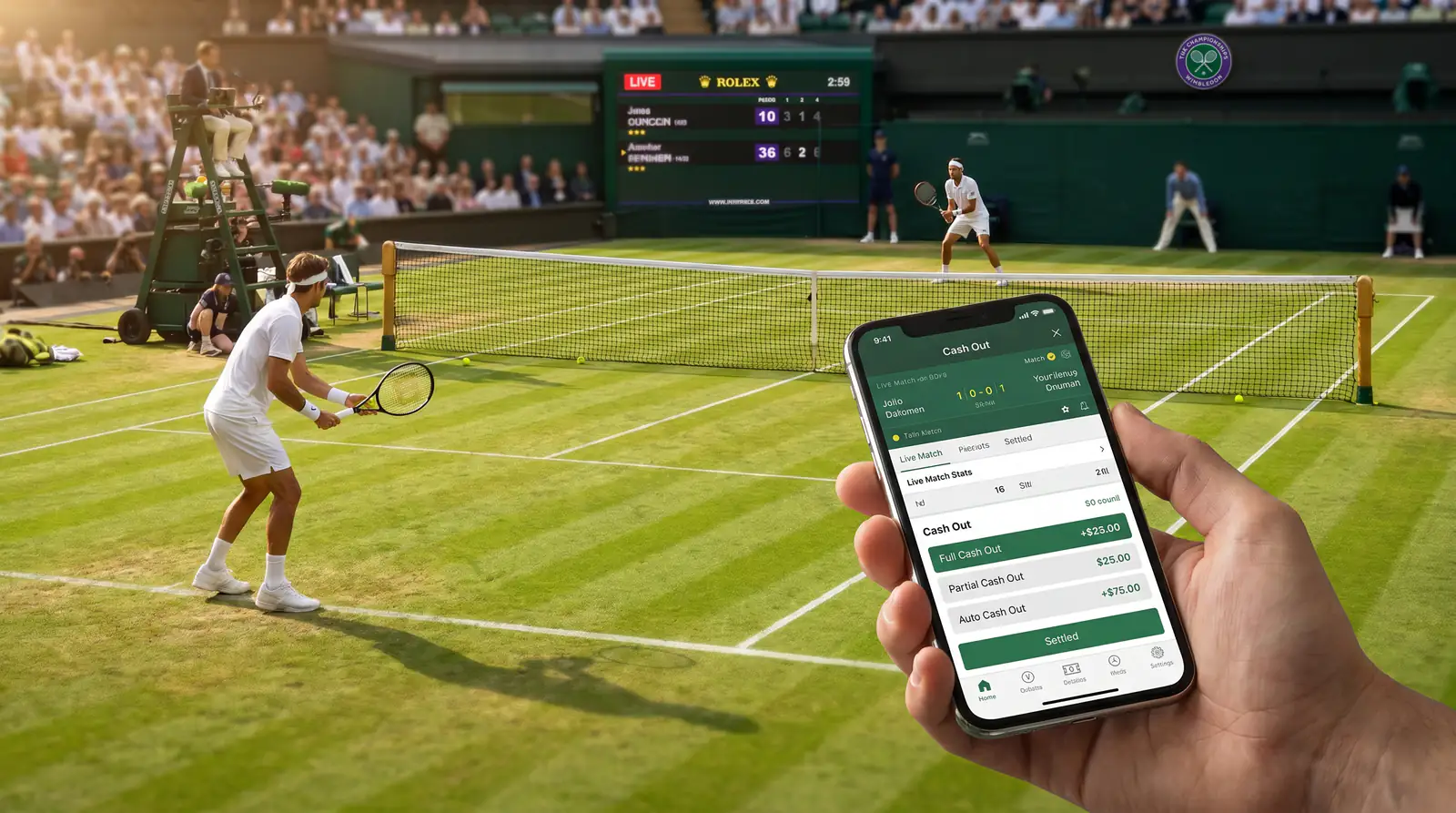 Mobile betting app showing full, partial and auto cash-out options during Wimbledon match