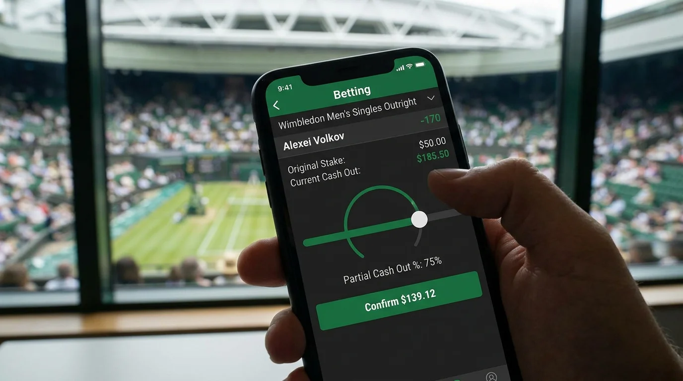 Betting account screen showing partial cash-out option during a live Wimbledon match with settlement amount displayed
