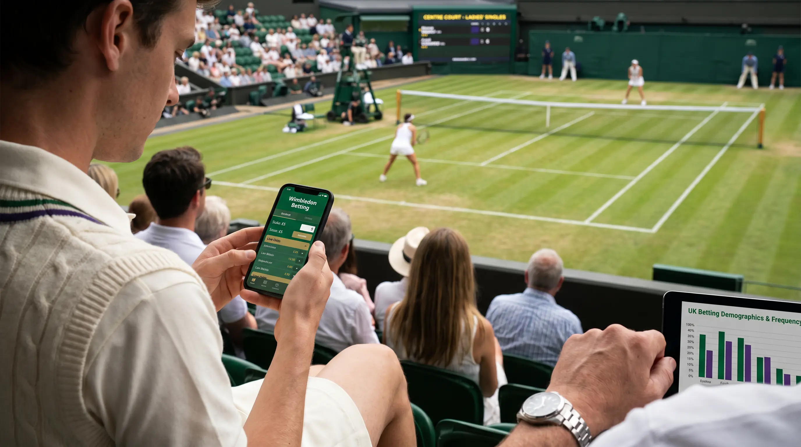Casual UK bettor placing small Wimbledon stake on mobile during Centre Court match