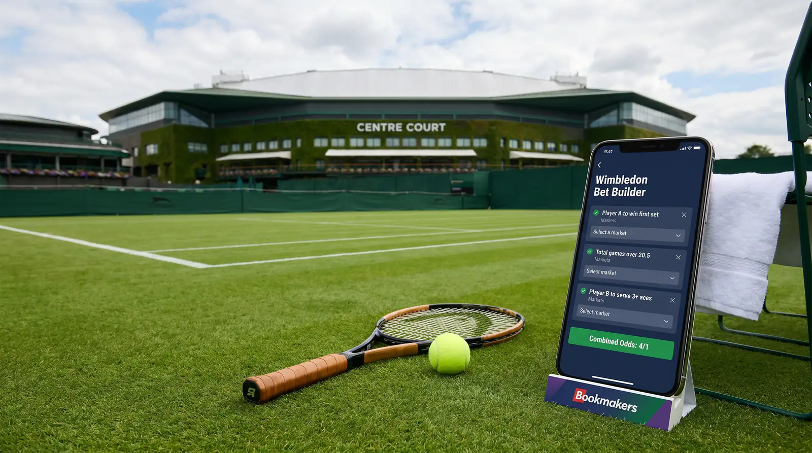 Complete Wimbledon Centre Court Bet Builder example with odds shown on mobile app