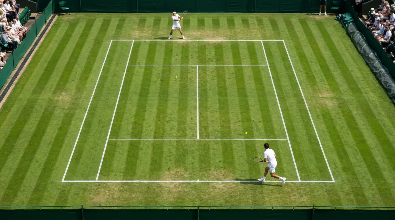 Wimbledon Centre Court lush grass surface viewed from above during afternoon play