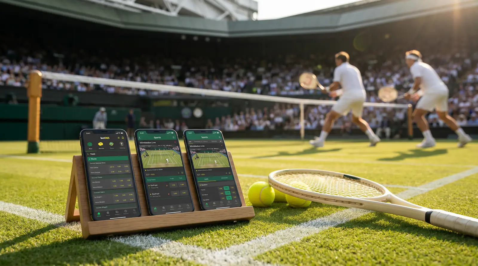Multiple mobile devices showing Wimbledon betting apps handling peak match traffic